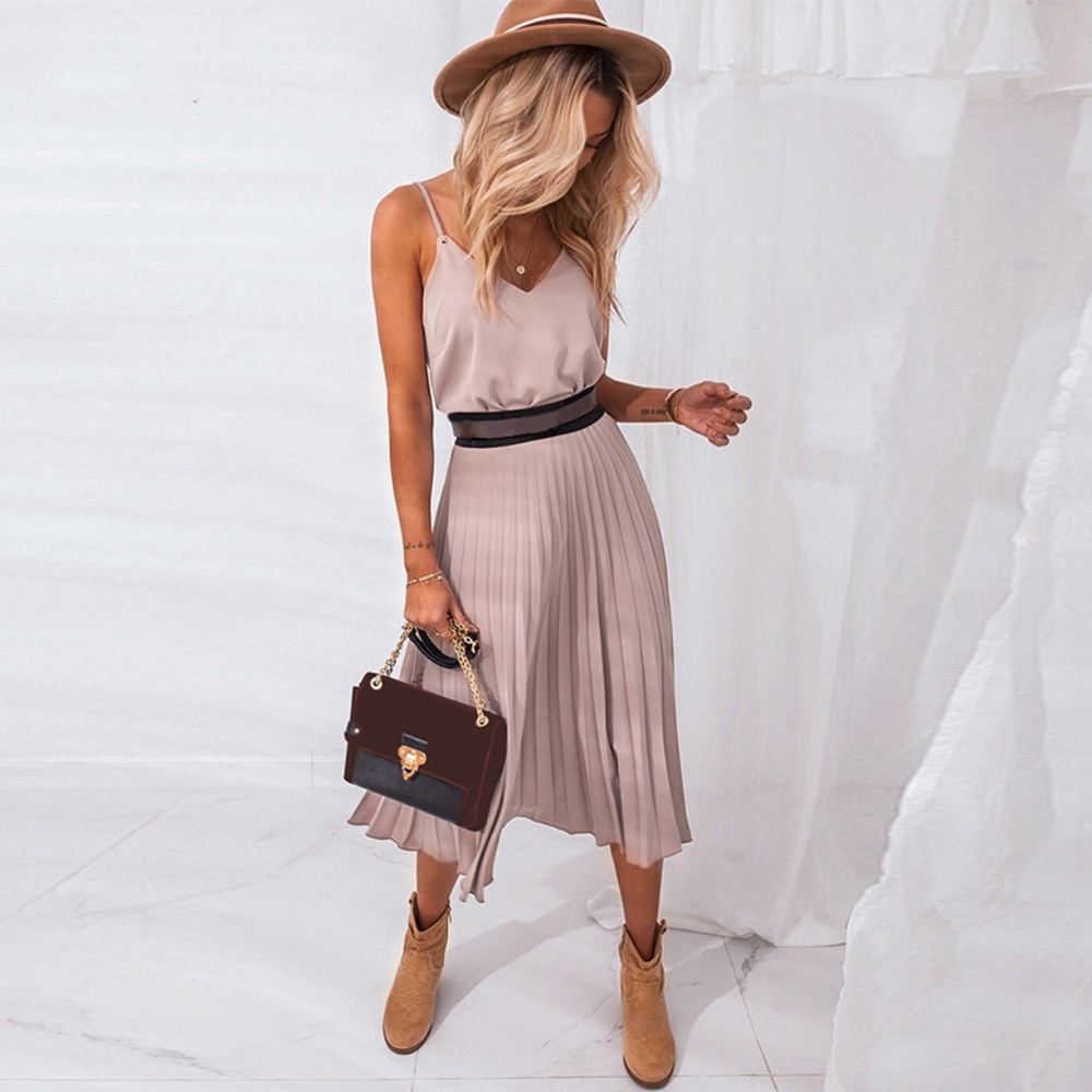 Rouge! Taupe Midi Pleated Slip Dress with Black Waistband